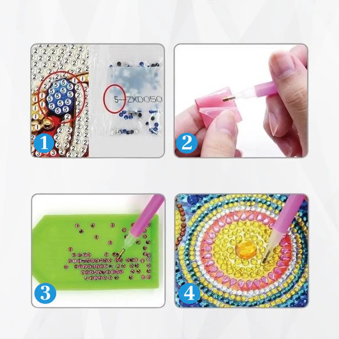 Stapsgewijze instructies voor het maken van een diamond painting met ronde en speciale steentjes.