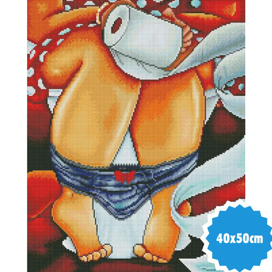 Diamond painting van humoristisch figuur op toilet met wc-rol en afgezakte broek, formaat 40x50 cm