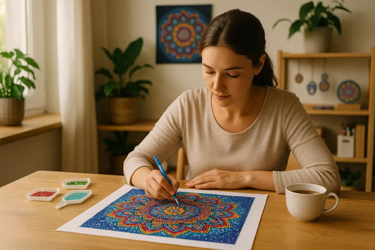 Vrouw plaatst gekleurde steentjes op een mandala diamond painting aan tafel met bakjes kralen en een kop thee.