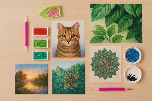 Diverse kleine diamond paintings met kat, mandala, bladeren en landschap op houten tafel, omringd door gekleurde steentjes en tools.