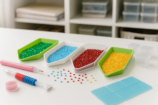 Diamond painting benodigdheden met bakjes vol groene, blauwe, rode en gele steentjes, applicatorpennen, wasblokjes en opbergdoosjes op een witte tafel.