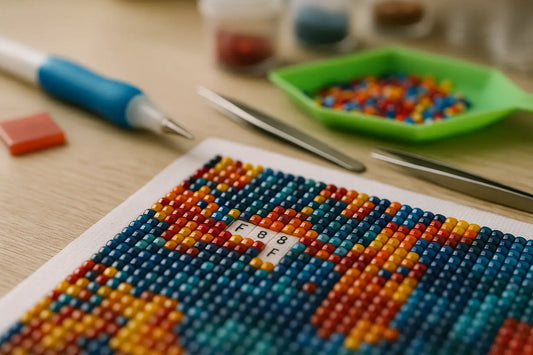Close-up van een kleurrijke diamond painting met ronde steentjes, naast een groene bak met steentjes, pincet, applicatorpen en wasblokjes.