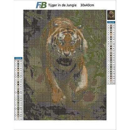 Diamond painting kit 'Tijger in de Jungle' 30x40 cm, met gedetailleerde kleurcodes.