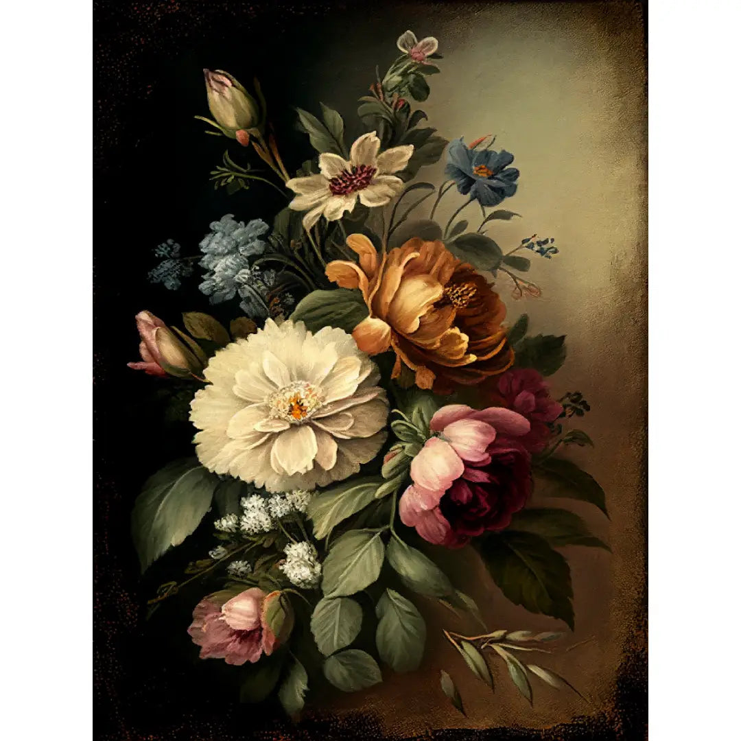 Gedetailleerde diamond painting van een weelderig boeket met diverse bloemen en bladeren in zachte en levendige kleuren.