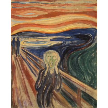 Diamond painting van De Schreeuw, een iconisch schilderij van Edvard Munch met een expressief figuur op een brug.