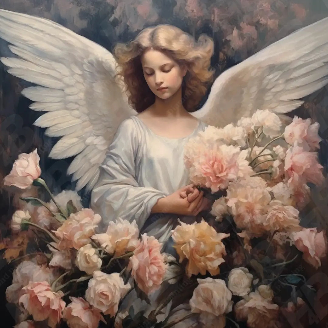 Diamond painting van een engel met lange witte vleugels die een boeket roze bloemen vasthoudt, in een serene setting