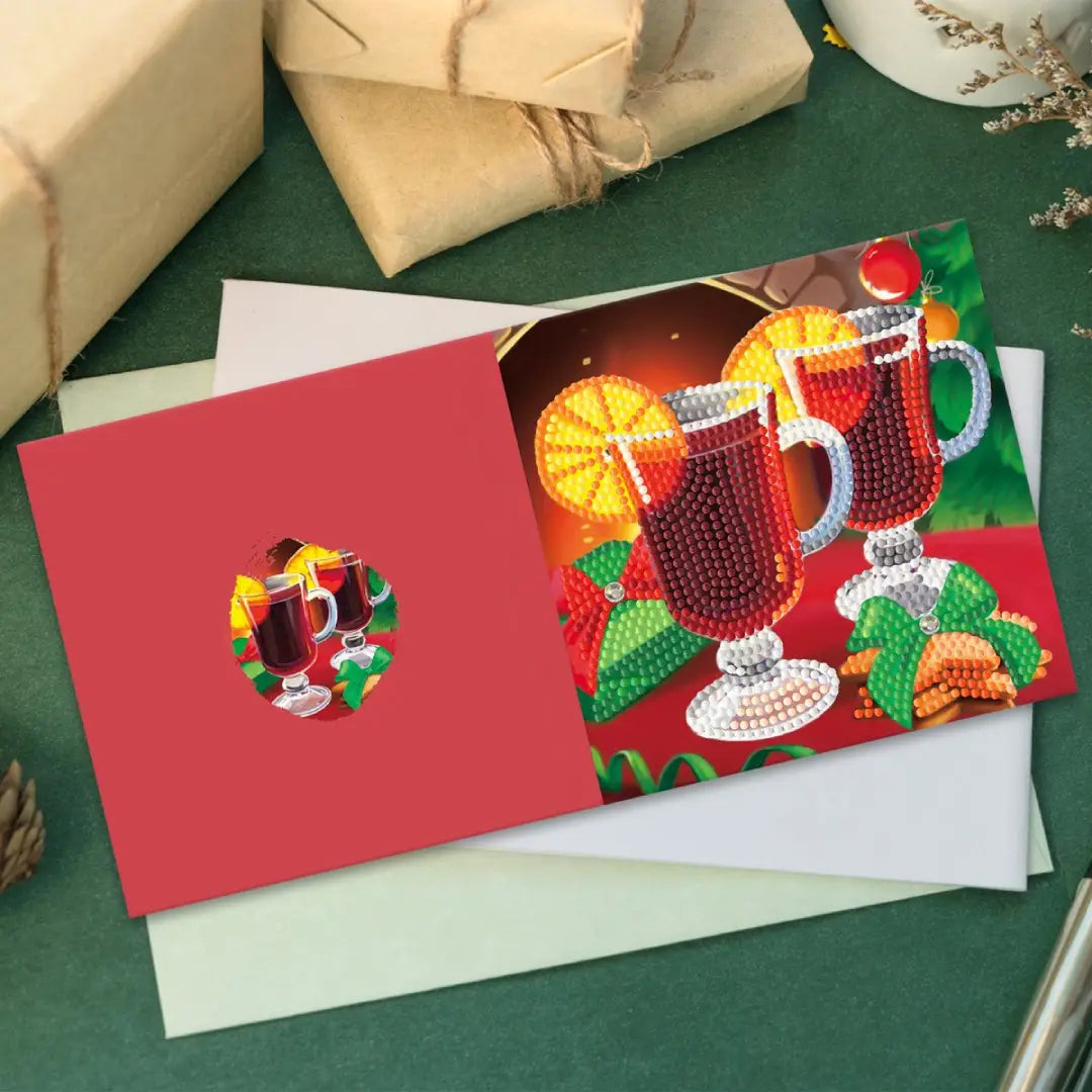 Wenskaart met diamond painting van glühwein en kerstdecoraties