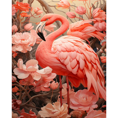 Diamond painting van een roze flamingo omringd door weelderige roze bloemen tegen een lichte achtergrond.