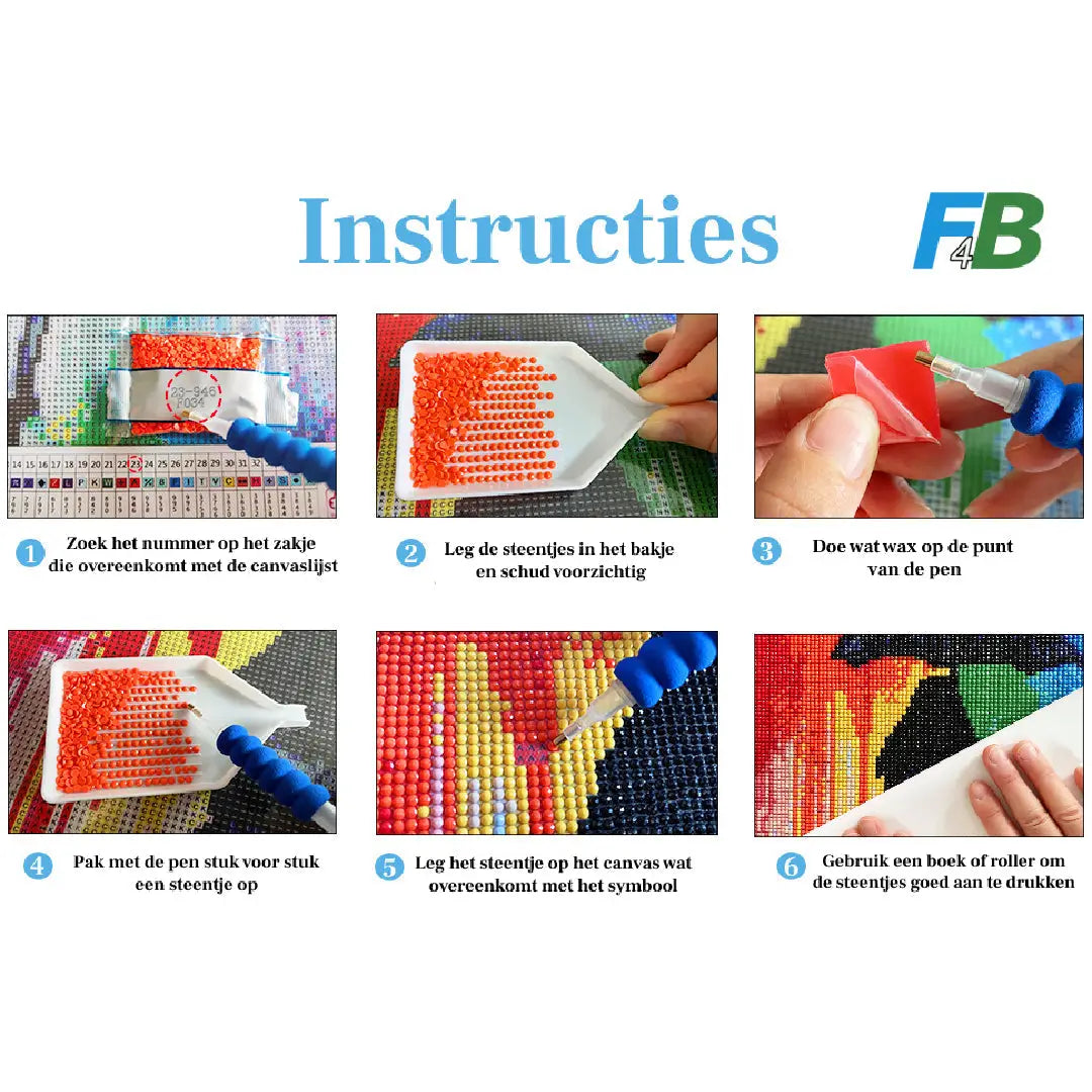 Stap-voor-stap instructies voor diamond painting met afbeeldingen van steentjes sorteren, wax op pen aanbrengen en steentjes plaatsen.