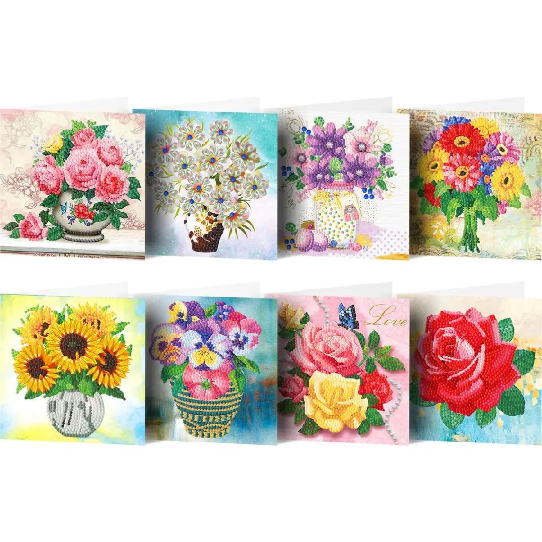 Overzicht van diamond painting kaarten met diverse bloemen- en boeketontwerpen