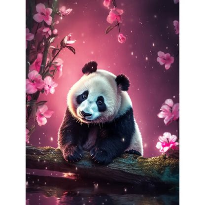 Diamond painting van een schattige panda op een boomstam, omgeven door roze bloesems en een magische paarse achtergrond.