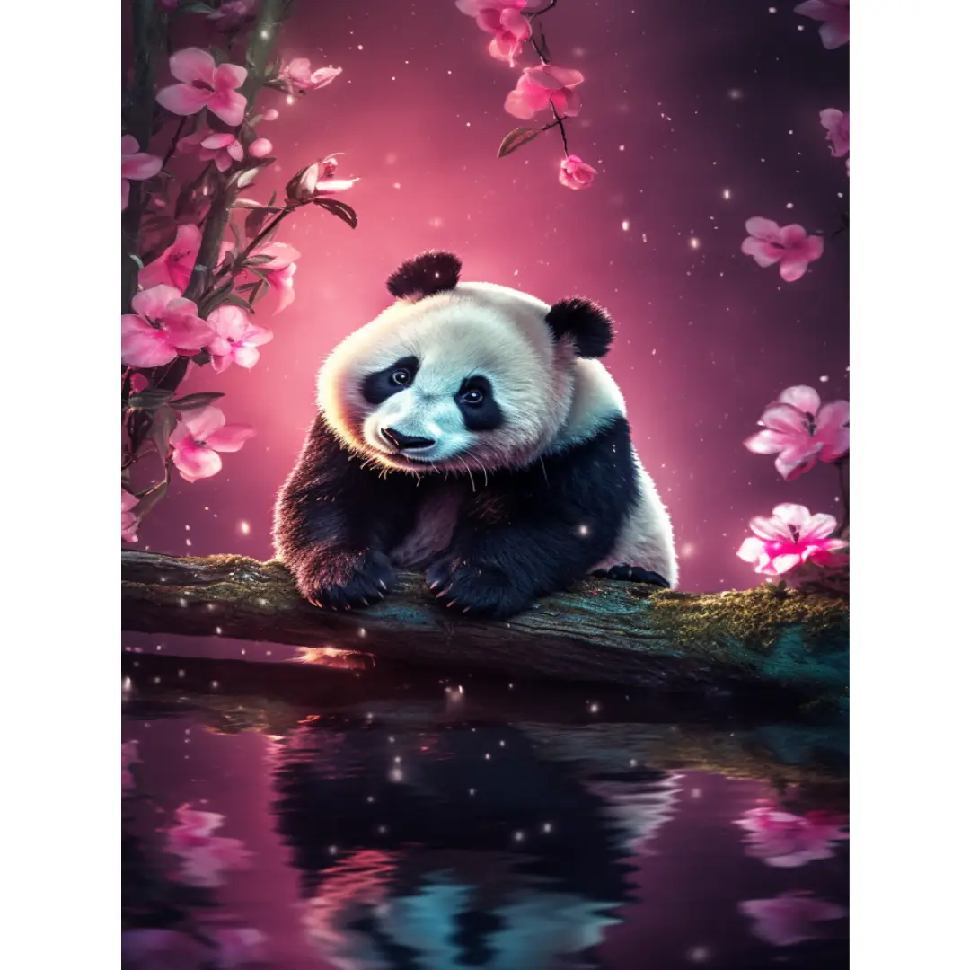 Schilderachtige diamond painting van een panda op een boomstam omringd door roze bloesems en reflectie in water.