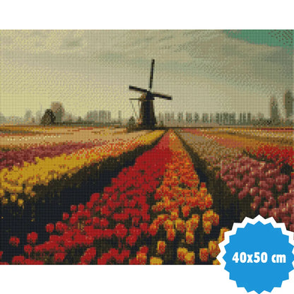 Diamond painting van een tulpenveld met windmolen, 40x50 cm