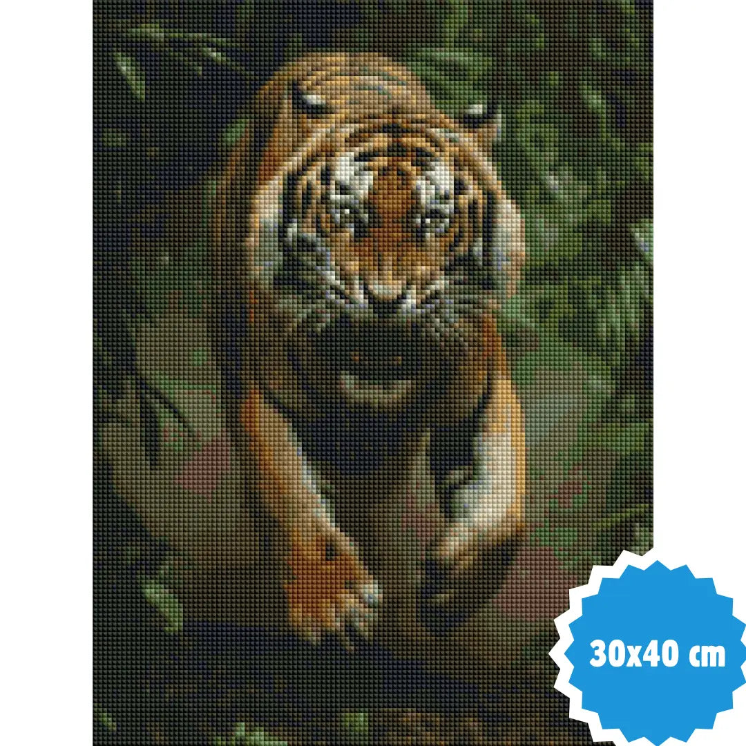 Diamond painting van een rennende tijger in een groen bos, 30x40 cm