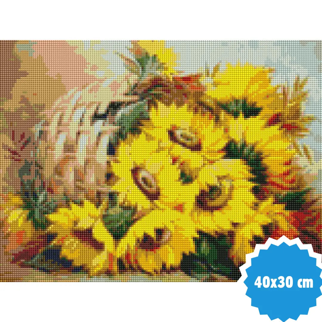 Diamond painting van een mand vol zonnebloemen, 40x30 cm.