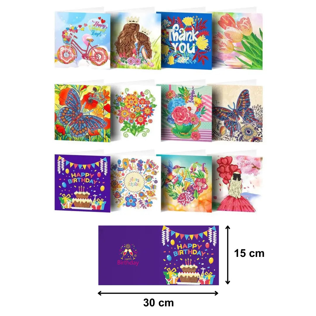 Cartes de Diamond Painting | Cartes de vœux (3) | 15x15cm | 12 pièces | Pierres rondes | Avec enveloppes