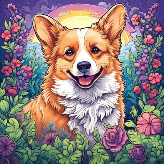 Diamond painting van een corgi hond omgeven door bloemen bij zonsondergang