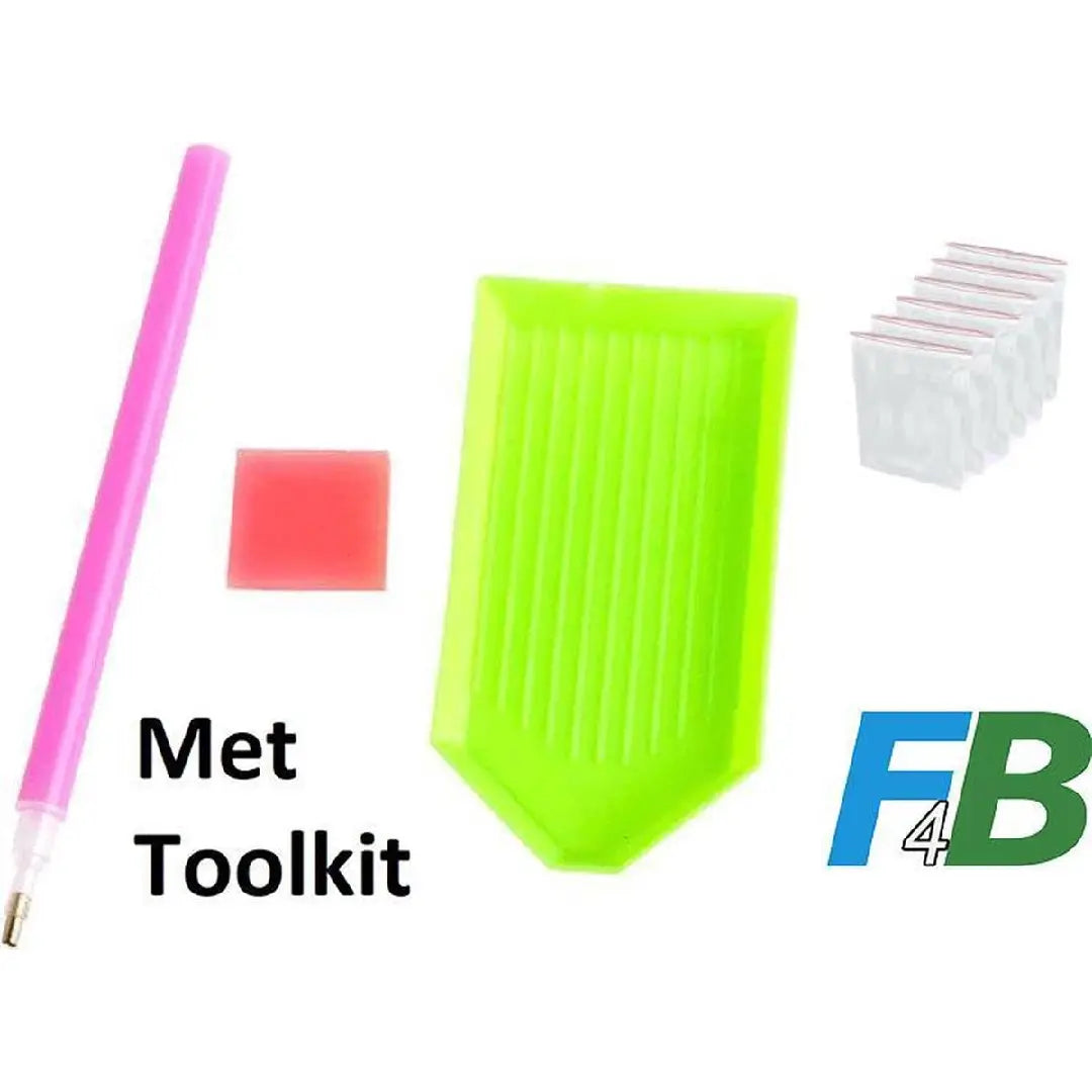 Diamond painting toolkit met roze pen, groene sorteerbak, roze wasblokje en ziplock zakjes